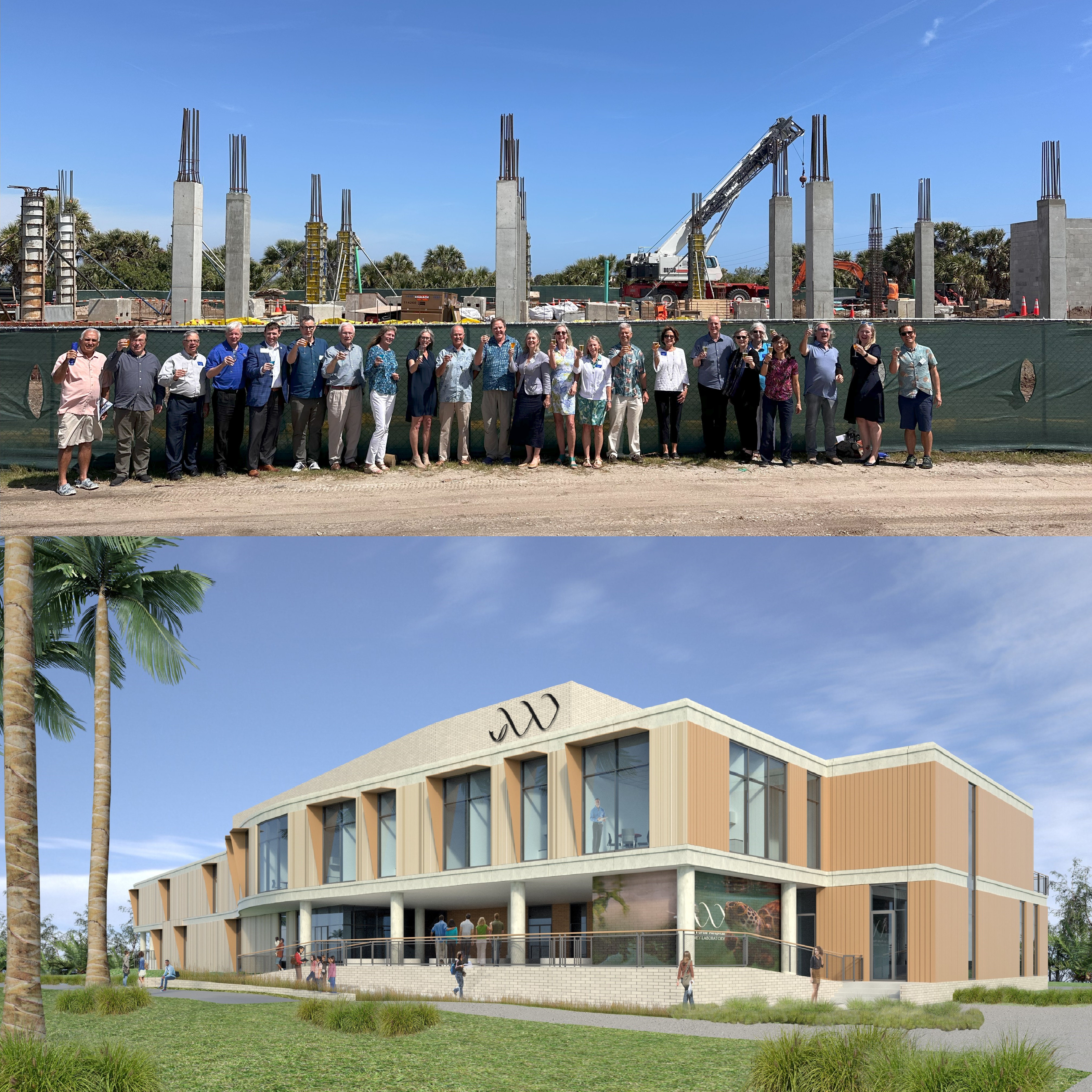 Group of people standing in front of construction site, building rendering