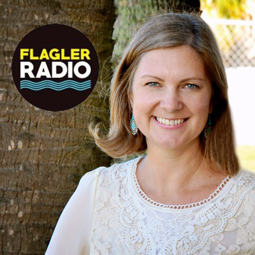 Photo of woman with Flagler Radio logo in background