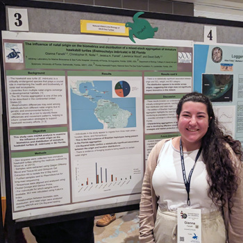 Person standing next to scientific poster