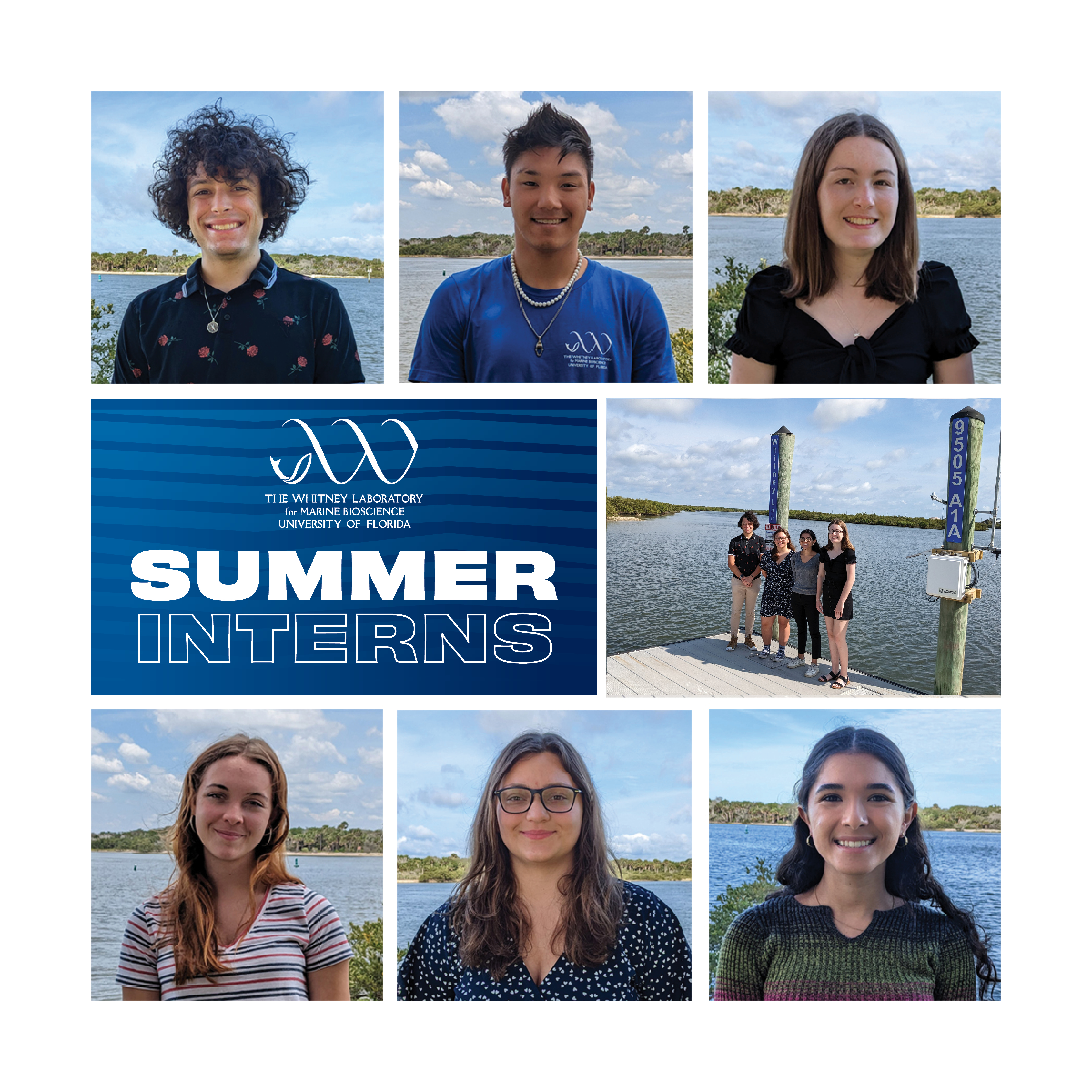 Photos of six students, group of students standing on a dock
