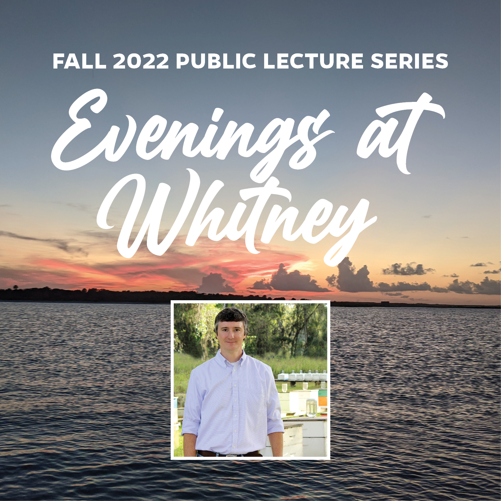Evenings at Whitney November lecture graphic showing speaker photo
