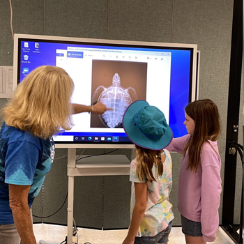 Woman and two children look at screen with turtle x-ray